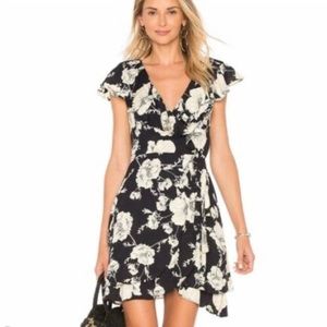 Free People Floral Black/Cream Short Sleeve Wrap Mini Dress